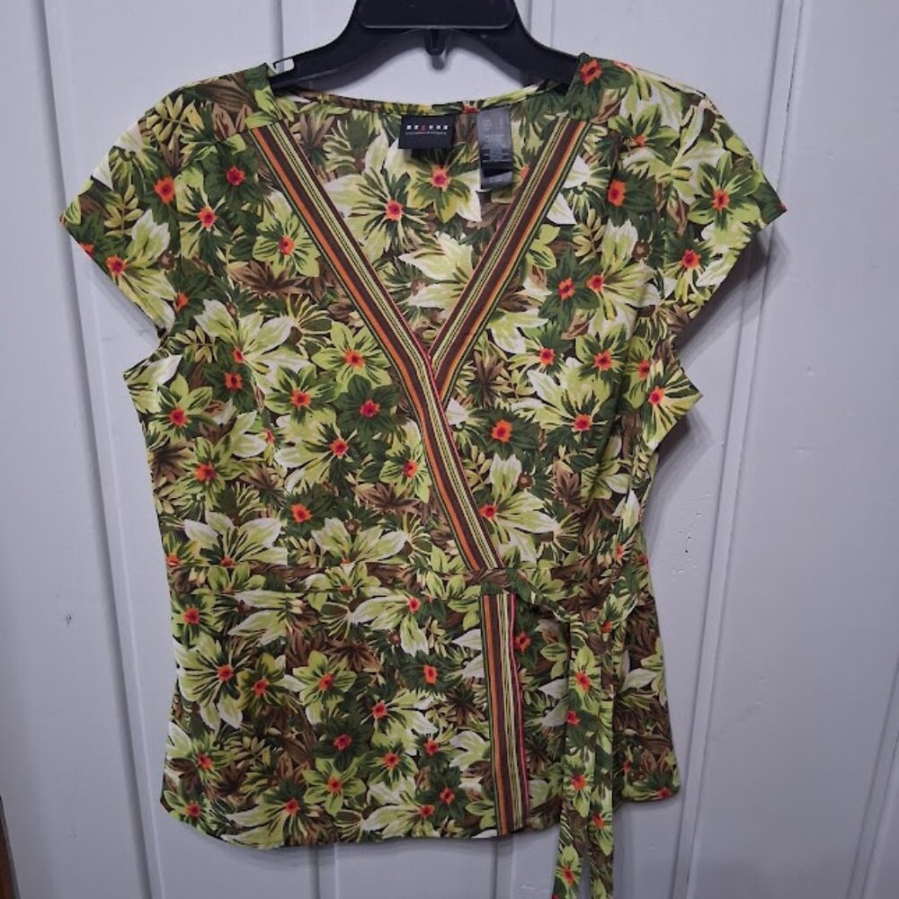 Axccess Liz Claiborne Tropical Print Tie Front Blouse Sz L